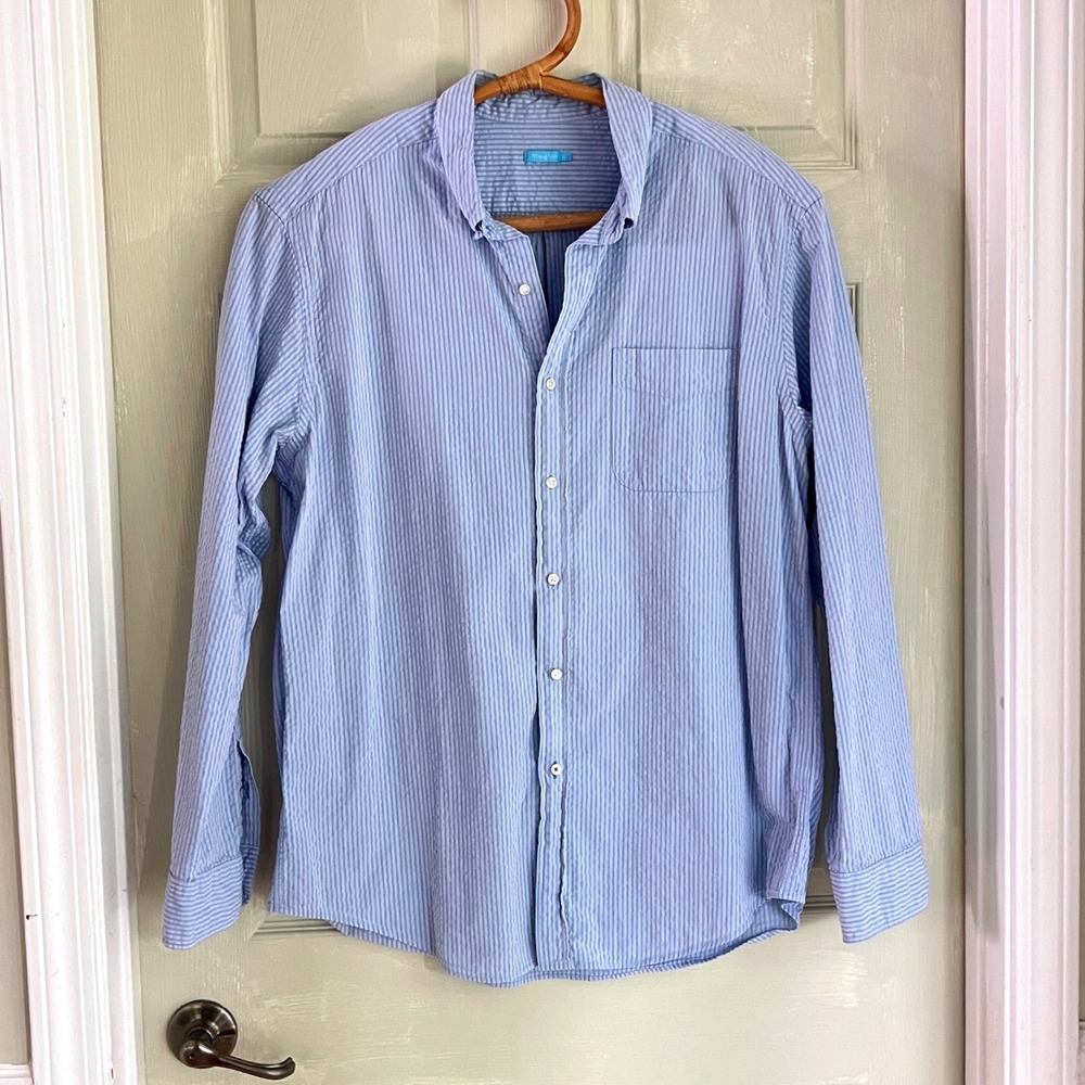 J.McLaughlin Button Down XL Mens Seersucker Striped Long Sleeve Blue Preppy